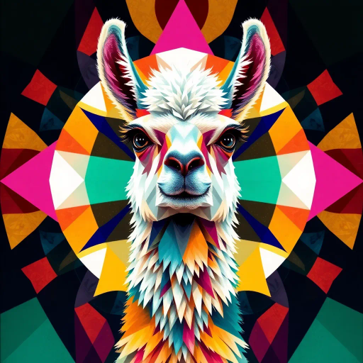 llama, geometric shapes, abstraction, vibrant colors, symmetry, intricate patterns, cubism influence, surrealism, modern art, bold contrasts, fractal geometry, lively expression, dynamic movement, Pablo Picasso, Wassily Kandinsky, contemporary art, futuristic style, playful mood, angular forms, Chilean Andes, nature inspired, textured layers, high contrast lighting, conceptual design, three-dimensional effect, visual rhythm, innovative perspective, digital rendering, imaginative composition