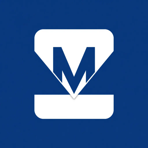 minimal M logo, two vertical strokes, perspective convergence, depth, hierarchy, solid indigo blue, geometric structure, modern tech design, flat vector illustration, clean lines, white background, contemporary aesthetics, precision, symmetry, balance, futuristic approach, sleek elegance, simplicity, innovation, dynamic form, visual impact