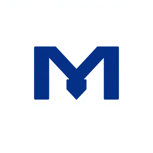 bold M logo mark, solid geometric letter, thin horizontal connector lines, structured layers, indigo on white, modern minimal SaaS branding, flat vector, minimalist aesthetics, Bauhaus influence, clean design, precision technique, sharp angles, corporate elegance, brand identity, contemporary sophistication, grid-inspired composition, visual harmony, digital symmetry, professional polish, innovative typography, strategic simplicity
