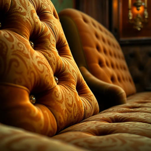 velvet upholstery, intricate textures, baroque elegance, rich color palette, chiaroscuro lighting, detailed craftsmanship, intimate framing, luxurious ambiance, renaissance influence, tactile realism, soft focus, contemporary twist, high resolution, artistic flair, vibrant tones, opulent design, complex patterns, dramatic shadows, close-up perspective, inviting warmth