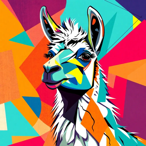 llama, geometric shapes, abstract, vibrant colors, cubism, Picasso influence, angular forms, dynamic lines, modern art, intricate patterns, bold outlines, visual rhythm, symmetry, playful mood, vivid textures, surrealism, high contrast lighting, diverse palette, expressive composition, geometric abstraction, artistic exploration
