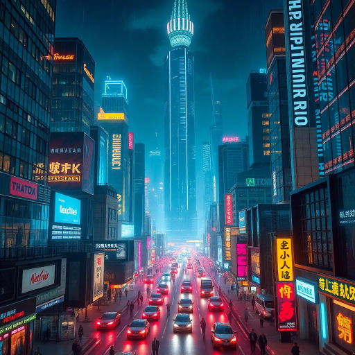 futuristic metropolis, skyscrapers, bustling streets, dynamic movement, neon lights, technological advancement, cyberpunk aesthetic, strategic planning, diverse cultures, innovation, high-tech architecture, night cityscape, vibrant energy, corporate power, networking, global influence, digital connectivity, urban landscape, visionary leaders, business attire, synergy, economic growth, synthwave glow, digital frontier, neon reflections, pulsating vibes, Blade Runner, digital realms, electric hues, dystopian allure