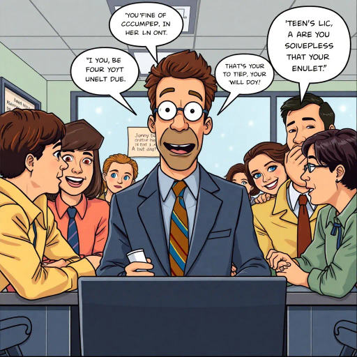satirical humor, everyday life, workplace dynamics, vibrant colors, exaggerated expressions, quirky characters, Michael Scott, camera angles, documentary style, playful tone, American culture, ensemble cast, office environment, comedic timing, mockumentary feel, panel layout, speech bubbles, visual storytelling, relatable scenarios, improvisational flair, modern setting, emotional undertones, character development, symbolic objects