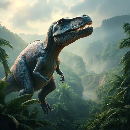 prehistoric, colossal dinosaur, dramatic lighting, lush jungles, vibrant greens, Rousseau-inspired, dynamic movement, detailed scales, iridescent textures, primal energy, ancient earth, misty atmosphere, textured landscapes, surreal colors, mythic aura, 3D depth, vast horizon, paleontological influences, imaginative depiction, natural history, storytelling composition