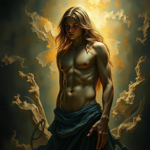 hyper-realistic, vivid colors, chiaroscuro lighting, surrealism, Renaissance influence, intricate detail, dynamic composition, emotional depth, textured surfaces, fine brushwork, intense realism, ethereal glow, atmospheric perspective, human form, dramatic contrast, organic shapes, spatial awareness, historical context, artistic mastery, photorealism, grand scale