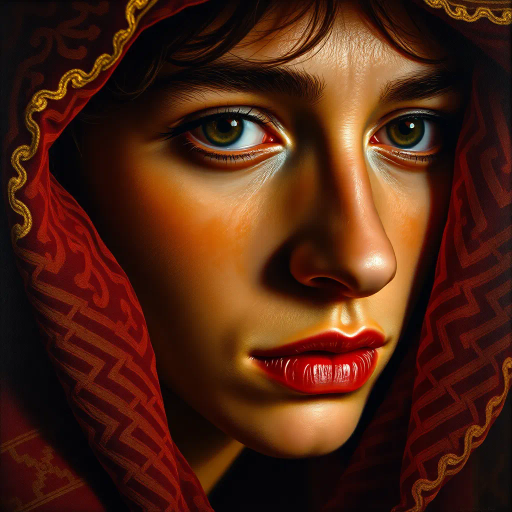 hyper-realistic portrayal, detailed textures, chiaroscuro lighting, vibrant and muted color palette, emotional depth, large scale framing, Renaissance influence, lifelike representation, dramatic composition, John Singer Sargent, Vermeer influences, vivid realism, intricate patterns, timeless atmosphere, focus on facial expressions, subtle brushwork, three-dimensional depth, intimate perspective, storytelling elements, realistic textures, meticulous detail