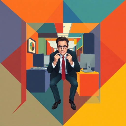 michael scott, geometric abstraction, vibrant colors, complex shapes, post-modernism, cubist influences, office humor, dynamic perspective, symmetrical balance, clean lines, minimalist textures, pop culture reference, expressive composition, playful mood, sharp angles, bold contrasts, workplace symbolism, art deco elements, Steve Carell as muse, contemporary setting, thematic depth