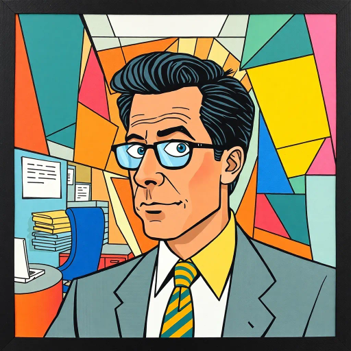 Michael Scott, geometric, cubist influence, abstract expressionism, vibrant color palette, office space, surreal composition, modern corporate satire, intricate line patterns, fragmented forms, Dunder Mifflin, pop art, humor, whimsical tone, mixed media, overlapping shapes, exaggerated proportions, dynamic angles, bold contours, cultural commentary, contemporary setting, pastel highlights, texture variation, visual rhythm, abstract storytelling, conceptual depth, dimensional interplay