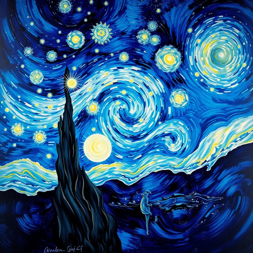 celestial bodies, cosmic tapestry, Vincent van Gogh, swirling patterns, ethereal lighting, deep blues, radiant whites, textured brushstrokes, immersive night sky, infinite space, celestial harmony, vibrant contrasts, dreamlike quality, expansive universe, galactic winds, ethereal glow, astral projection, cosmic dance, visionary art, transcendental beauty, starry night inspiration, celestial poetics, serene cosmic vastness, universal connectivity