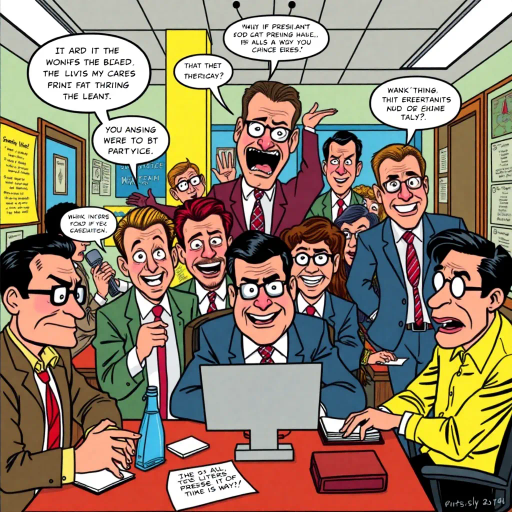 satirical workplace comedy, surreal humor, ensemble cast, bureaucratic chaos, 21st century pop culture, vibrant color palette, exaggerated expressions, dynamic panels, Roy Lichtenstein influences, witty dialogue, mundane office setting, everyday absurdities, overlapping story arcs, exaggerated caricatures, visual puns, contemporary Americana, awkward social interactions, humorous banter, slapstick elements, narrative vignettes, satirical undertones