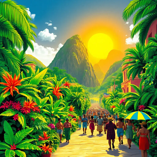 tropical paradise, vibrant rainforest, Rio Carnival, Brazilian culture, Jorge Selarón, Carmen Miranda, exuberant colors, lush vegetation, dynamic samba dancers, vivid patterns, Amazon River, exotic wildlife, modern architecture, indigenous art, celebratory mood, Afro-Brazilian heritage, vibrant street scenes, bold compositions, fluid movement, warmth and energy, sunlit landscapes, urban diversity, festive atmosphere, contemporary influences, chromatic brilliance