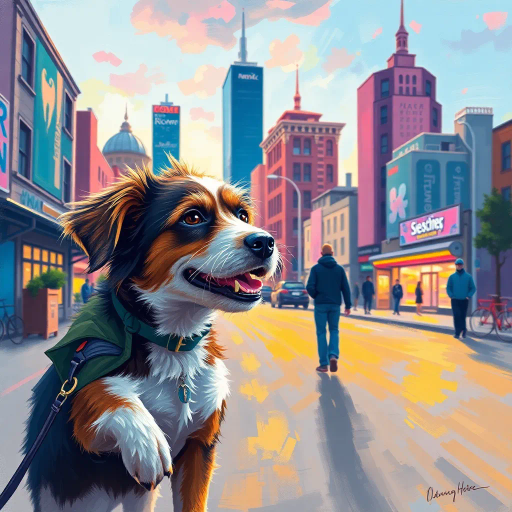 canine companion, leisurely stroll, vibrant cityscape, pastel colors, dynamic perspective, impressionism, luminous lighting, contemporary urban setting, joyful expression, kinetic energy, whimsical atmosphere, street art influence, vibrant hues, playful movement, textured strokes, bold contrast, delightful exploration, harmonious composition, Edward Hopper inspiration, serene skyline, vivid textures