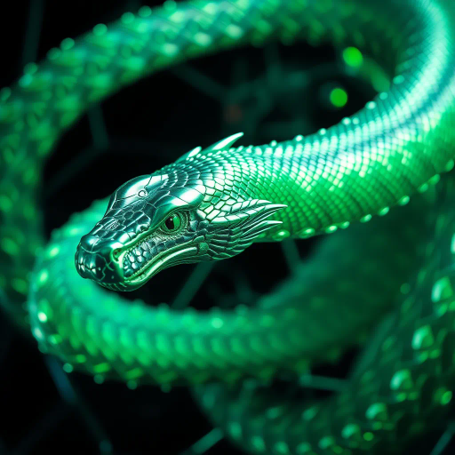 gleaming metallic serpent, undulating movement, shimmering scales, H.R. Giger influence, intricate detail, futuristic setting, vibrant greens and blues, ethereal glow, surreal composition, dynamic flow, otherworldly presence, cybernetic theme, neo-noir lighting, abstract geometric pattern, dark undertones, cutting-edge technology, enigmatic allure, bold contrasts, iridescent finish, immersive experience