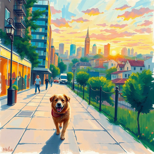 canine companion, leisurely stroll, vibrant cityscape, pastel colors, dynamic perspective, impressionism, luminous lighting, contemporary urban setting, joyful expression, kinetic energy, whimsical atmosphere, street art influence, Claude Monet influences, ethereal lighting, vibrant hues, rich textures, dynamic movement, textured strokes, bold contrast, playful elegance, harmonious composition, Edward Hopper inspiration, serene skyline, vivid storytelling, pastoral scenery, impressionist brushstrokes, warm sunset glow, emotional serenity, lush greenery, naturalistic detail, charming village, narrative composition, Timeless elegance, delightful exploration