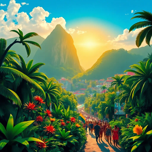 tropical paradise, vibrant rainforest, Rio Carnival, Brazilian culture, Jorge Selarón, Carmen Miranda, exuberant colors, lush vegetation, dynamic samba dancers, vivid patterns, Amazon River, exotic wildlife, modern architecture, indigenous art, celebratory mood, Afro-Brazilian heritage, vibrant street scenes, bold compositions, fluid movement, warmth and energy, sunlit landscapes, urban diversity, festive atmosphere, contemporary influences, chromatic brilliance