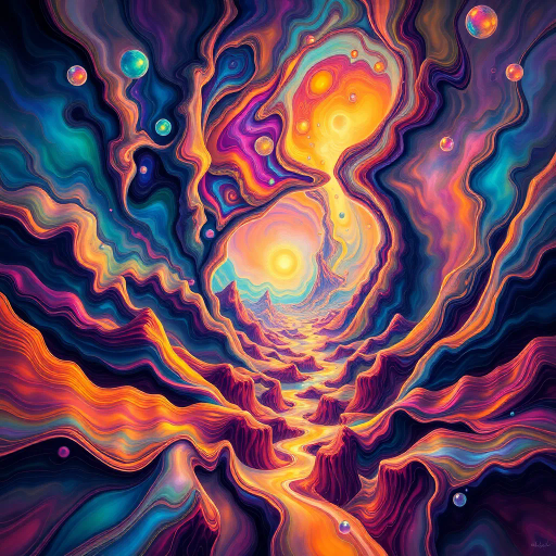 multidimensional forms, vibrant hues, surreal landscapes, Salvador Dali influence, fluid motion, ethereal lighting, abstract composition, depth perspectives, emotional resonance, kaleidoscopic textures, Escher-like geometry, dreamlike atmosphere, luminous colors, intricate patterns, imaginative realms