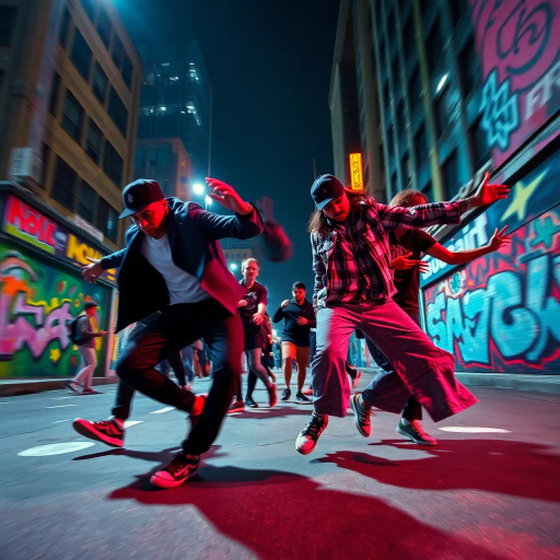 dynamic street dance, urban culture, vibrant colors, moody lighting, motion blur, expressive gesture, diverse cityscape, Jean-Michel Basquiat influence, graffiti art, energy and rhythm, nocturnal setting, modern expressionism, abstract forms, cultural fusion, vibrant pulses, street style fashion, rhythmic composition, bold contrasts, kinetic energy, contemporary movement, urban renaissance
