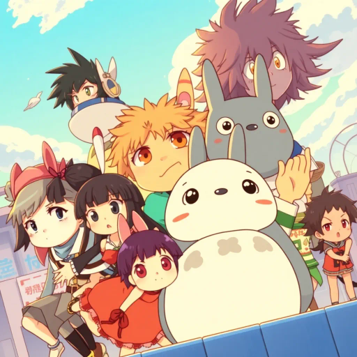 vibrant anime characters, Studio Ghibli influence, dynamic action poses, pastel color palette, expressive eyes, intricate hairstyles, dramatic lighting, manga-inspired linework, fantastical settings, Japanese culture, modern twist, whimsical storytelling, emotional depth, cel shading, bold outlines, serene landscapes, traditional animation techniques, contemporary urban environments