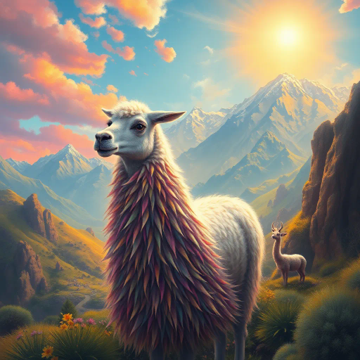 mystical llama, surreal landscape, vibrant colors, ethereal glow, fantastical elements, dreamy atmosphere, intricate details, vibrant tapestry, soft brush strokes, dynamic composition, whimsical creatures, alpaca wool, magical realism, painterly texture, pastel hues, Andean culture, folklore, luminous light, sunlit mountains, enchanting vista, emotive expression, Salvador Dali influence, imaginative motifs, rich tapestry, lush greenery, mystical aura, fantastical world, celestial accents, mythical charm