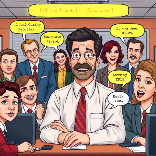 satirical humor, everyday life, workplace dynamics, vibrant colors, exaggerated expressions, quirky characters, Michael Scott, camera angles, documentary style, playful tone, American culture, ensemble cast, office environment, comedic timing, mockumentary feel, panel layout, speech bubbles, visual storytelling, relatable scenarios, improvisational flair, modern setting, emotional undertones, character development, symbolic objects
