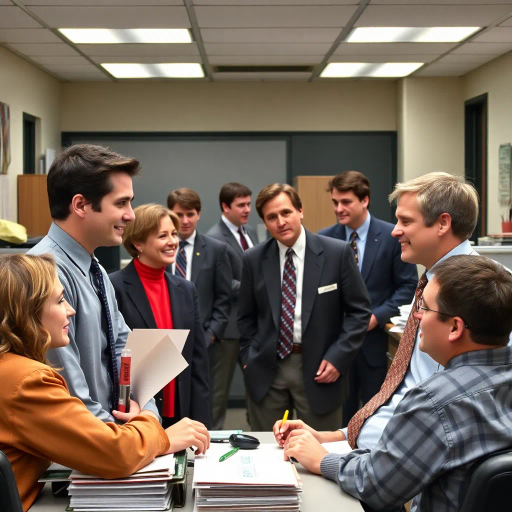 satirical, workplace comedy, 2000s television, vibrant characters, humorous interactions, Michael Scott, Jim Halpert, Dwight Schrute, sardonic wit, office dynamics, banter, mundane setting, Scranton, paper company, unconventional storytelling, ensemble cast, mockumentary style, Steve Carell, quirky relationships, deadpan humor, varied personalities, narrative arcs, expressive body language, exaggerated emotions, bright lighting, cheerful ambiance, subtle social commentary, scenographic composition