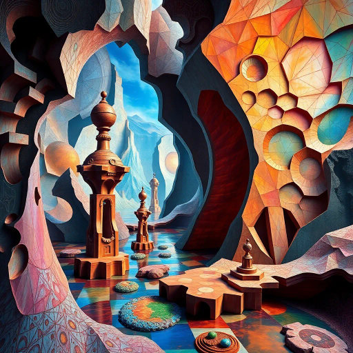 multi-dimensional, complex geometry, Salvador Dalí, surrealist, avant-garde, intricate textures, vibrant colors, dynamic lighting, hyper-realism, layered composition, spatial depth, immersive atmosphere, abstract forms, mathematical precision, Escher-like structures, futuristic settings, reflective surfaces, twisting perspectives, imaginative landscapes, continuous flow, temporal distortion, fine details, visionary art, dreamlike quality, transcendent spaces