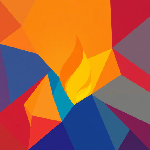 minimalistic, geometric shapes, vibrant colors, soft gradients, angular design, polygonal, abstract flame, warm palette, glowing effect, simplified forms, modern aesthetic, flat shading, contrasting hues, visual balance, dynamic composition, contemporary art, clean lines, symbolic warmth, ethereal glow, luminous intensity, stylized representation, low-poly, Piet Mondrian influence, Bauhaus design, minimalist expression, vivid hexagonal patterns, chromatic harmony, abstract interpretation, nuanced clarity, radiant contrast, serene luminescence, balanced proportion, color field theory, reductive technique, spatial dynamics, harmonious color theory