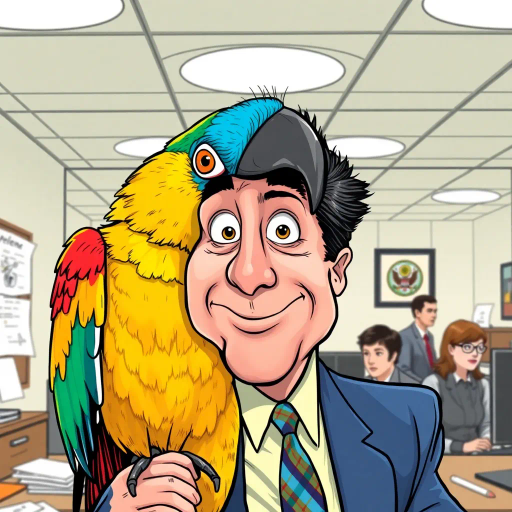 Michael Scott, colorful parrot, vibrant colors, humorous expression, dynamic composition, satirical tone, sketch-like outlines, exaggerated features, playful mood, vibrant palette, TV sitcom influences, American office setting, character-centric, lighthearted ambiance, witty dialogue, pop art style, interplay of humor and absurdity, The Office, Steve Carell, ensemble cast, mockumentary style, quirky everyday life, work environment, subtle irony, character dynamics, Dunder Mifflin, Scranton, Pennsylvania, documentary filming, comedic timing, deadpan expression, cultural phenomenon, paper company, witty banter, office antics, relatable humor, office supplies, Jim Halpert, Pam Beesly, Dwight Schrute, team dynamics, overhead fluorescent lighting, mundane yet charming, round camera angles, workplace relationships, expressive line work, sequential art story, Jim Lee influences, iconic moments, humor-driven narratives