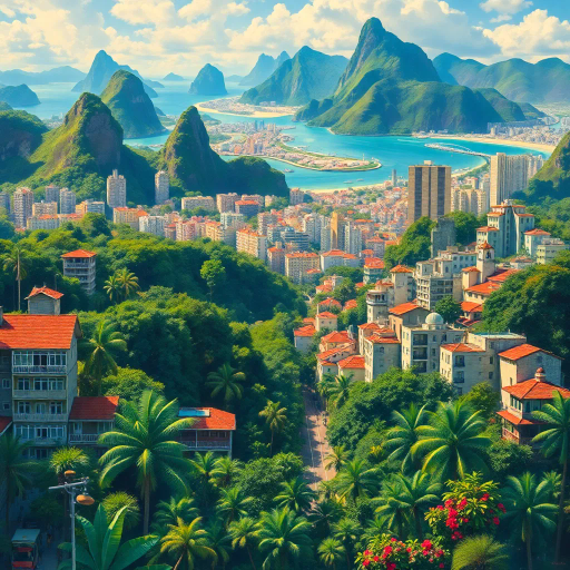 vibrant rainforest, sprawling cityscapes, Rio Carnival celebration, modernist architecture, Tarsila do Amaral, tropical paradise, lush landscapes, Samba rhythm, vivid color palettes, dynamic movement, cultural fusion, vibrant street art, warm sunlight, Copacabana beach, panoramic views, rich biodiversity, Botero-inspired figures, expressive brushstrokes, Amazon River, intricate textures, joyous atmosphere, cultural heritage, Henri Rousseau influence, energetic composition