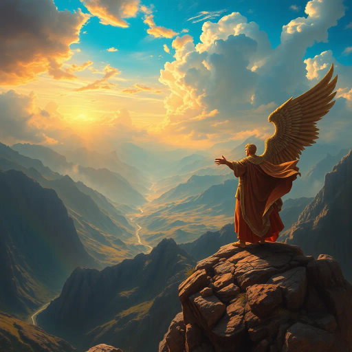 heroic figure, panoramic vista, ethereal atmosphere, epic scale, Romanticism influence, Friedrich echoes, dawn light, cascading valleys, mythical narrative, sense of wonder, vibrant hues, dynamic clouds, majestic peaks, realism and imagination blend, allegorical symbolism, spiritual journey, rugged textures, wind movement, expansive horizons, transcendental experience, dramatic perspectives, layered compositions, vivid storytelling, introspective mood, natural majesty
