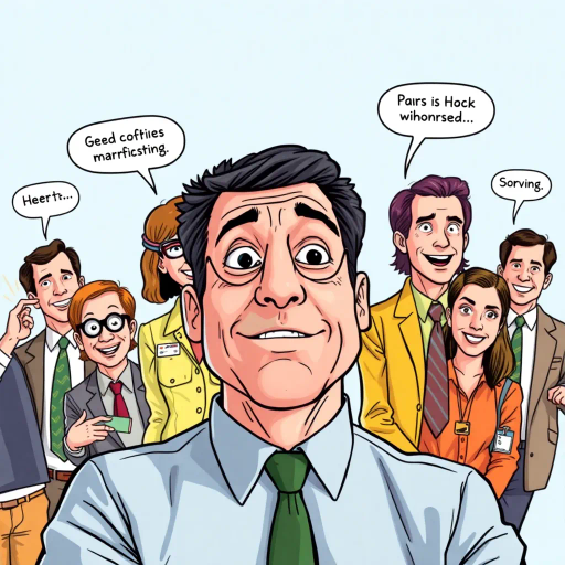 Michael Scott, vibrant colors, humorous expression, dynamic composition, satirical tone, exaggerated features, playful mood, pop art style, witty dialogue, tv sitcom influences, The Office, ensemble cast, mockumentary style, quirky everyday life, character dynamics, cultural phenomenon, Steve Carell, Dunder Mifflin, paper company, office antics, relatable humor, expressive line work, sequential art story, vibrant palette, americana, iconic moments, lighthearted ambiance, dynamic poses, Jim Halpert, Pam Beesly, Dwight Schrute, vibrant personalities, comedic timing, sketch-like outlines, cartoonish exaggeration, character-centric atmosphere, narrative humor, pop culture references, humor-driven narratives, quirky personalities