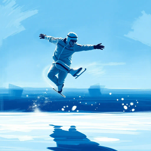 snowy landscapes, dynamic movement, olympic games, winter sports, skater in motion, vibrant icy blues, sharp contrasts, intricate detailing, high energy, dynamic composition, Franz Kline influence, contemporary digital render, expression of grace, frosty textures, elegance and strength, arctic ambiance, cool color palette, subtle gradients, athleticism, artistic expression, frozen motion, atmospheric lighting, intricate shadows, edge of the rink, balance and fluidity