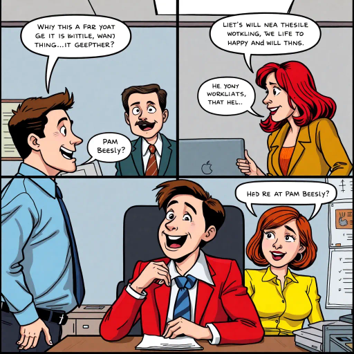 satirical workplace dynamics, humorous situations, colorful characters, Jim Halpert, Pam Beesly, mockumentary style, lively banter, office antics, playful tone, exaggerated expressions, narrative humor, corporate setting, vibrant palette, dynamic panels, exaggerated scenarios, comedic timing, slice of life, workplace comedy, Michael Scott, sitcom classic, Roy Lichtenstein influence, pop art aesthetic