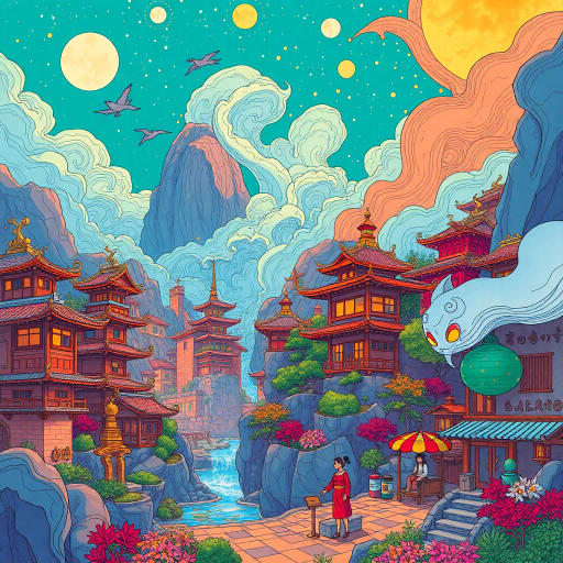 vibrant colors, dynamic composition, Studio Ghibli inspiration, detailed environments, expressive character designs, emotional depth, fantastical themes, cultural motifs, fluid motion, nostalgic atmosphere, distinctive line art, otherworldly settings, intricate detailing, magical realism, retro-futuristic elements, storytelling focus, character-driven narrative, visual storytelling, imaginative landscapes, enchanting creatures