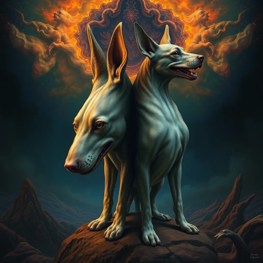 two-headed dog, mythical creature, surrealism, vibrant colors, duality, Jean-Léon Gérôme, intricate details, dramatic lighting, chimeric forms, baroque influence, cosmic essence, dreamlike atmosphere, ethereal landscapes, contrasting textures, supernatural theme, storytelling, dynamic composition, symbolic meaning, imaginative realism, layered narrative, enchanted realm, otherworldly presence