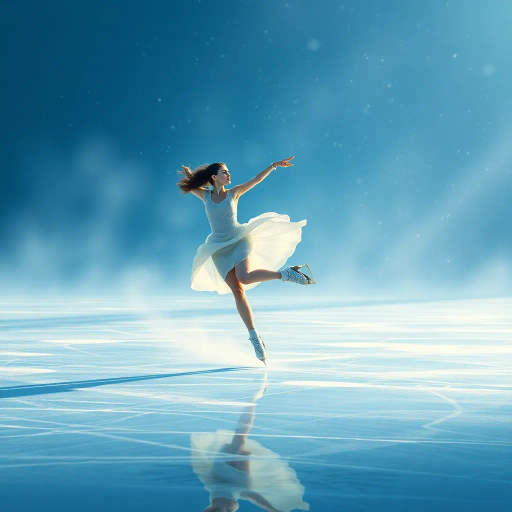 graceful figure skater, gliding across icy surface, winter chill, olympic spirit, dynamic movement, serene concentration, elegant pose, flowing ice, misty breath, ethereal lighting, dramatic shadows, crystalline textures, contemporary style, precision artistry, inspired by Degas and Mucha, soft blue and white palette, delicate balance, rhythmic motion, emotional resonance, global unity, panoramic perspective, intricately detailed, harmonious composition, captivating grace, spirit of competition
