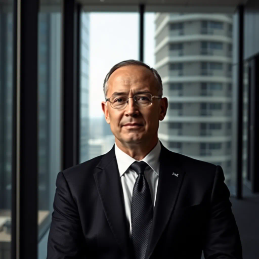 executive, portrait, modern office, chiaroscuro lighting, sleek design, authority, power, business attire, professional setting, sharp focus, corporate environment, elegance, contemporary, high-rise building, urban backdrop, soft shadows, confidence, leadership, minimalistic, ceo style, monochromatic color palette, sophisticated, balanced composition, dynamic angles, reflective surfaces, formal posture, 21st century, urban chic, commanding presence