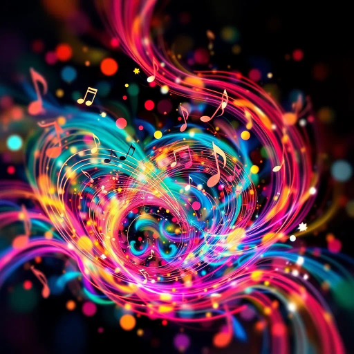 melodic symphony, abstract visualization, vibrant colors, swirling compositions, dynamic rhythms, audacious expression, musical notes, visual harmony, neon glows, artistic spontaneity, digital rendering, immersive soundscapes, cubist influence, visual tempo, emotion in music, musical instruments, cultural resonance, bokeh effects, fluid movement, energetic brushstrokes, ethereal tones, balance and contrast, synesthesia, transcendental experience