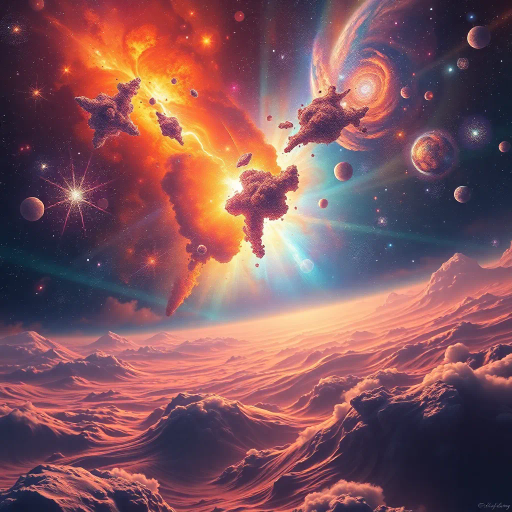 cosmic vistas, celestial landscapes, futuristic, vibrant nebulas, star clusters, vast galaxies, ethereal light, Hubble-inspired, vibrant color palettes, science fiction, surreal horizons, distant planets, cosmic dust, expansive space, swirling shapes, dynamic movement, deep space exploration, imaginative worlds, interstellar travel, otherworldly, surrealism, space-time continuum, vastness, galactic elegance