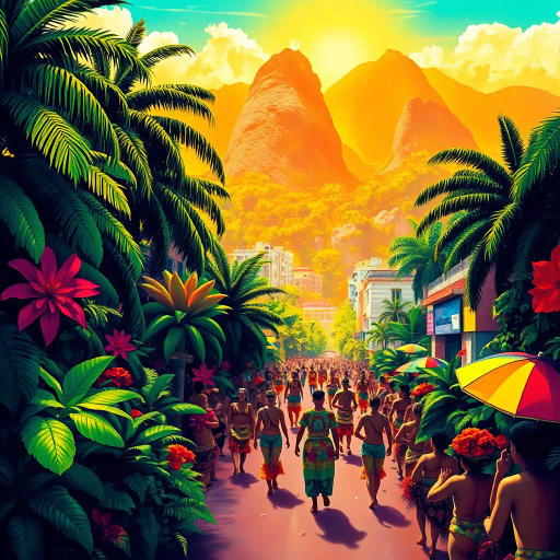 tropical paradise, vibrant rainforest, Rio Carnival, Brazilian culture, Jorge Selarón, Carmen Miranda, exuberant colors, lush vegetation, dynamic samba dancers, vivid patterns, Amazon River, exotic wildlife, modern architecture, indigenous art, celebratory mood, Afro-Brazilian heritage, vibrant street scenes, bold compositions, fluid movement, warmth and energy, sunlit landscapes, urban diversity, festive atmosphere, contemporary influences, chromatic brilliance