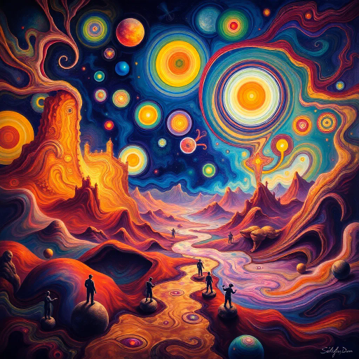 surreal dreamscape, intricate patterns, Salvador Dali, luminous lighting, ethereal ambiance, vivid palette, swirling forms, imaginative landscapes, abstract figures, dreamlike atmosphere, reflective surfaces, flowing textures, dynamic movement, mystical symbolism, infinite space, whimsical elements, vibrant expressions, imaginative worlds, hyper-detailed, otherworldly landscapes