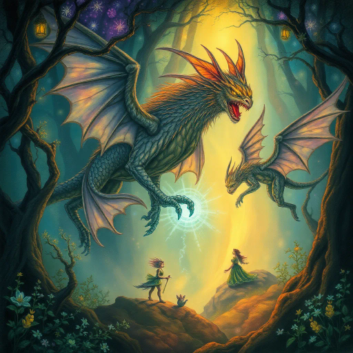 mythical creatures, enchanted forest, ethereal glow, vibrant colors, surreal atmosphere, ancient mythology, detailed textures, Arthur Rackham influence, whimsical characters, magical realism, dreamlike landscapes, luminescent highlights, intricate designs, organic forms, mythical narrative, fantasy allure, imaginative wonder, atmospheric perspective, otherworldly dimension, spiritual essence, narrative depth, wonder and mystery, enchanted symbols, fluid motion, mystical environment