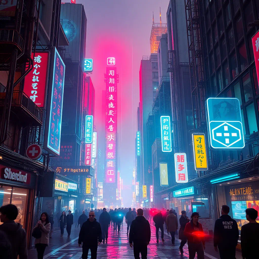 futuristic metropolis, neon lights, electric hues, Blade Runner aesthetic, cybernetic organisms, high-tech dystopia, glowing circuitry, sci-fi architecture, neon signs, digital rain, technological utopia, vibrant urban landscape, cyberpunk culture, immersive virtual realities, intricate details, dynamic composition, kinetic energy, holographic displays, dystopian society, neon glow, atmospheric ambiance, bustling streets, dark neon, avant-garde fashion, cyberspace elements