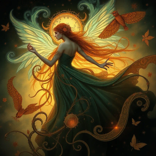 surreal, ethereal, Remedios Varo, mystical, vibrant color palette, intricate details, chiaroscuro lighting, dreamlike atmosphere, Art Nouveau influence, fluid motion, enigmatic expression, ornate patterns, whimsical elements, allegorical, harmonious composition, luminous, fantastical setting, delicate textures, otherworldly elegance, timeless beauty, imaginative symbolism