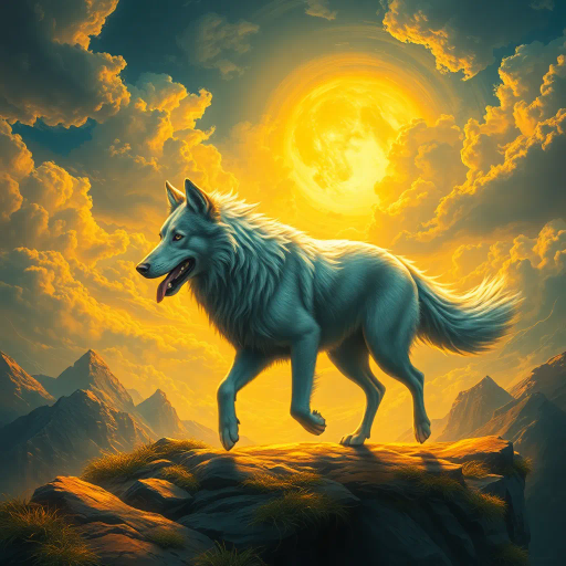 majestic canine, traversing ethereal landscapes, luminescent aura, akin to John Howe's vivid depictions, high contrast lighting, surreal skies, vibrant palette, flowing motion, mythical ambiance, ornate details, dynamic perspective, enchanted realm, swirling clouds, golden hues, mystical symbolism, lyrical composition, dreamlike atmosphere, fantastical journey, otherworldly textures, storytelling elements, magic-infused terrain