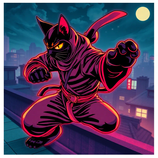 sleek ninja cat, dynamic pose, agile and stealthy, exaggerated motion, vibrant color palette, anime influence, shadow play, intricate textures, 1980s cyberpunk, neon glow, dramatic lighting, Japanese ukiyo-e, whimsical yet intense, cultural fusion, evoking mystery, fluid movement, sharp angles, high contrast, feline grace, urban rooftops, midnight ambiance, fantasy aesthetic, fine line work, surreal elements, energetic composition, legendary warrior theme