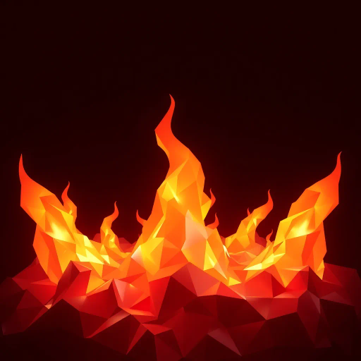 geometric flames, crystalline structures, vibrant orange and red hues, polygonal art, minimalist design, Gustav Klimt influence, abstract interpretation, soft gradient lighting, fragmented surfaces, computational aesthetics, dynamic flow, angular forms, digital tessellation, volumetric composition, radiant warmth, visual complexity, contemporary digitalism, stylized inferno, 3D rendering, art deco influence