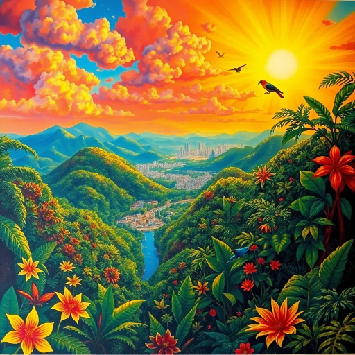 vibrant rainforests, carnival atmosphere, vibrant colors, intricate details, lush foliage, rich cultural heritage, magical realism, Brazilian landscape, surreal clouds, tropical wildlife, Henri Rousseau influence, rhythmic movement, radiant sunlight, festive mood, intricate patterns, exotic birds, mythical elements, celebratory spirit, tropical flora, samba rhythm, enchanting scenery, sprawling cityscapes, modernist architecture, surrealism, Tarsila do Amaral, exuberant colors, dynamic Samba dancers, vivid patterns, Amazon River, Carmen Miranda, Botero influences, expressive brushstrokes, warm sunlight, Copacabana beach, panoramic views, rich biodiversity, indigenous art, Afro-Brazilian heritage, bold compositions, fluid movement, warmth and energy, sunlit landscapes, urban diversity, festive atmosphere, contemporary influences, chromatic brilliance, azure ocean waves, golden sands, Impressionist influences, serene atmosphere, enchanting landscapes, detailed textures, natural harmony, South American culture