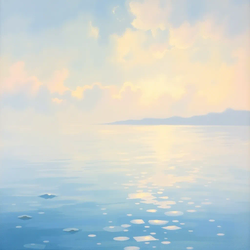 serene landscape, tranquil waters, Claude Monet, Impressionism, soft pastel colors, gentle lighting, ethereal, panoramic view, harmonious composition, nature, reflection, peaceful, atmospheric perspective, delicate textures, expansive sky, emotional depth, meditative mood, subtle hues, impressionistic brushstrokes, light and shadow, idyllic setting, dreamlike quality