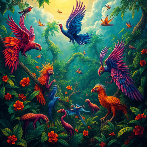 vibrant rainforest, carnival energy, tropical palette, intricate textures, Gustavo Rosa, surrealism, expressive forms, dynamic movement, colorful feathers, mystical beings, atmospheric perspective, lush foliage, samba rhythms, cultural tapestry, radiant lighting, whimsical creatures, vibrant celebrations, exotic wildlife, lively atmosphere, magical realism, imaginative scenery, rhythmic patterns, bold silhouettes